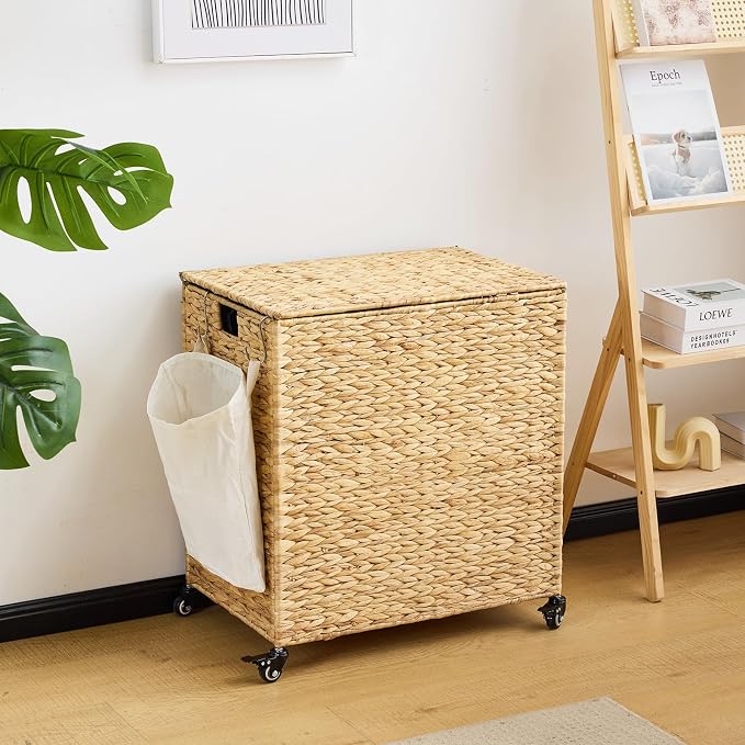 Laundry Hamper with Wheels, 40.92 Gallon Water Hyacinth Laundry Basket with Lid - Image 5