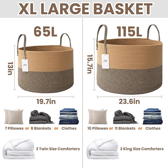 JMvicyroam 115L Extra Large Machine Washable Cotton Rope Blanket Basket | - Image 3