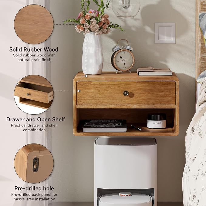 COZAYH Farmhouse Rubber Wood Floating Nightstand - Image 3