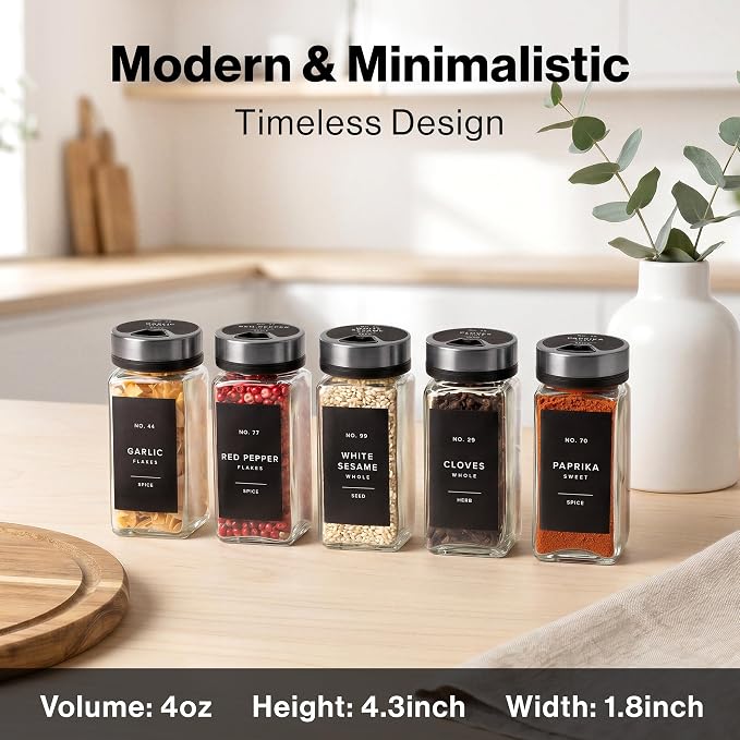 EDELHAUS Glass Spice Jars with Label and Space Gray Rotating Lids Spice - Image 2