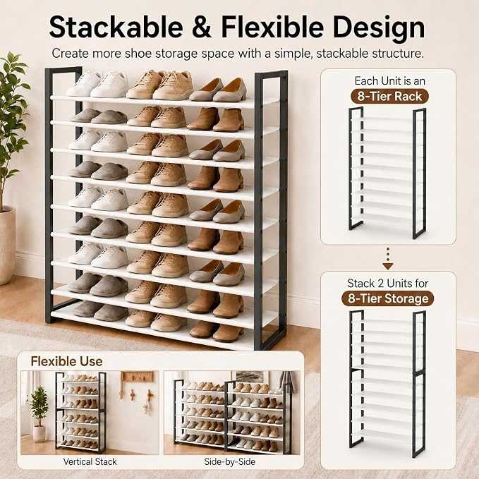 8-Tier Tall Shoe Rack, Stackable Zero-Wobble Metal Frame - Image 6