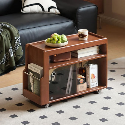 Side Table with Storage, Solid Wood Rolling End Table by Wayshome