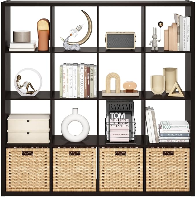 Furinno Cubicle 16-Cube Book Shelf, Extra Thick Frame Bookshelf, Dark Oak | - Image 8