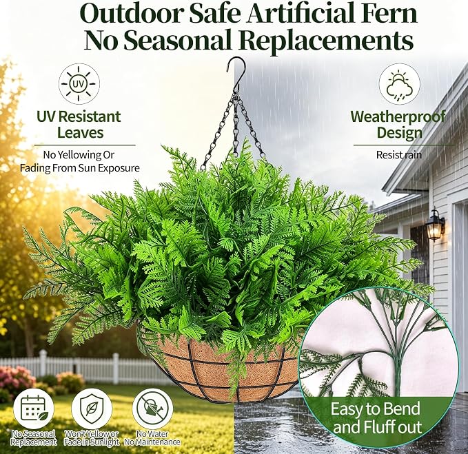 Fake Hanging Plants Fern Baskets, Artificial Ferns - Image 6