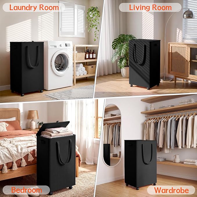 Slim Laundry Hamper with Wheels, 25 Gal Rolling Laundry Basket with lid and - Image 7