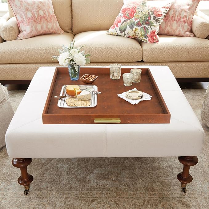 HofferRuffer Extra Large Square Serving Tray, Elegant Faux Leather Ottoman Tray - Image 7