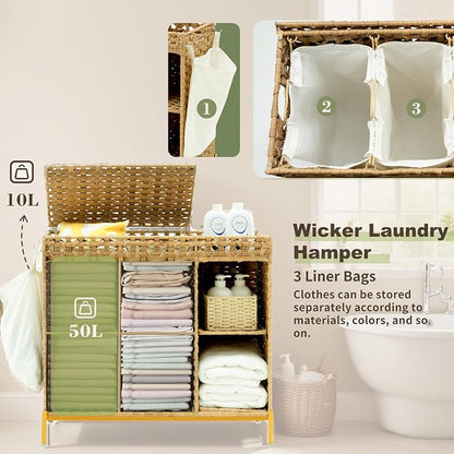 Laundry Hamper with Lid, 110L Rattan Laundry Hamper 2 Section with 50L Storage - Image 4