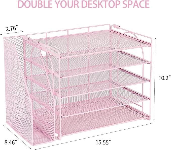 AUPSEN Pink Desk Organizers and Accessories, 5-Tier Desktop Paper File Organizer - Image 7