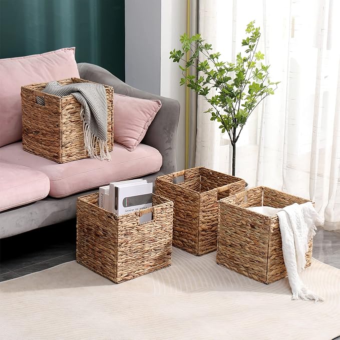 12x12in Storage Baskets 4 Pcs Water Hyacinth Baskets, Foldable Handwoven - Image 5