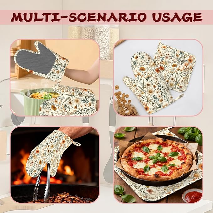Vintage Flowers Silicone Oven Mitts and Pot Holders, Boho Heat-Resistant 4 - Image 6