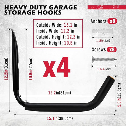 SEDY 4-Piece 15" 100 Lbs Heavy Duty Garage Storage Hooks, Kayak Storage Rack - Image 2