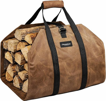 AMAGABELI GARDEN & HOME Firewood Carrier Waxed Canvas Firewood Bag Heavy Duty by AMAGABELI+GARDEN+%26+HOME