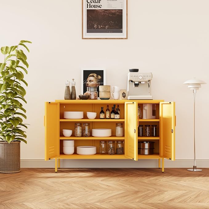 Lockable Yellow Industrial Metal TV Cabinet, Media Storage Console TV Stand - Image 7