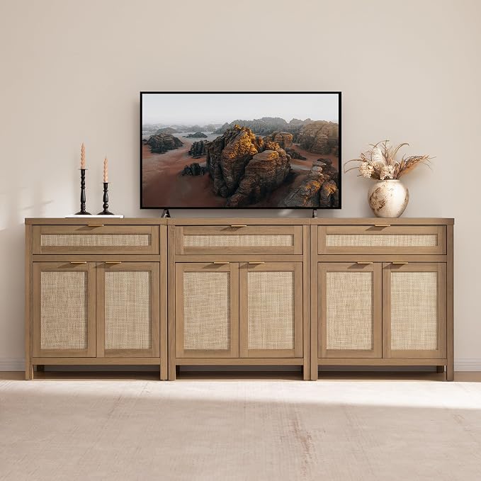 SICOTAS Sideboard Buffet Cabinet Set of 3, Rattan Credenza Storage Cabinet - Image 3