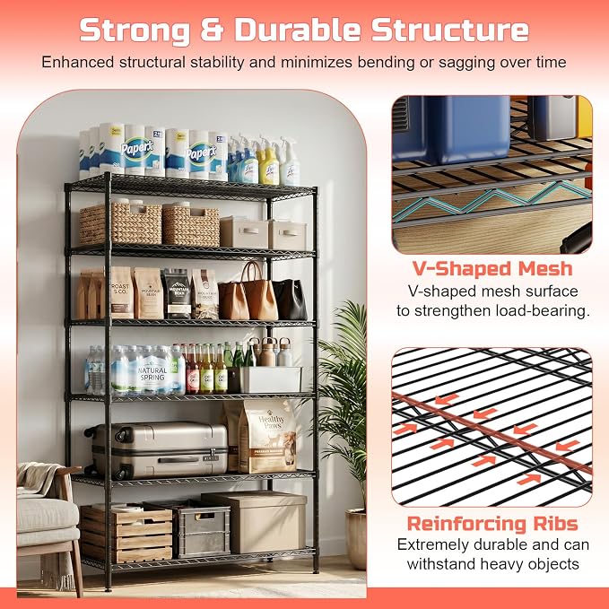 FDW | 6-Tier Wire Shelf with Wheels | 48" x 18" x 76" | Black | Storage Shelves - Image 7
