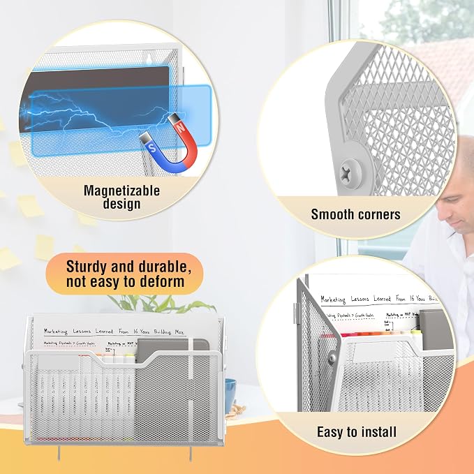Docnest 3 Pack Dual-Mount Magnetic Mesh File Holders, Wall Organizer | Mount - Image 3