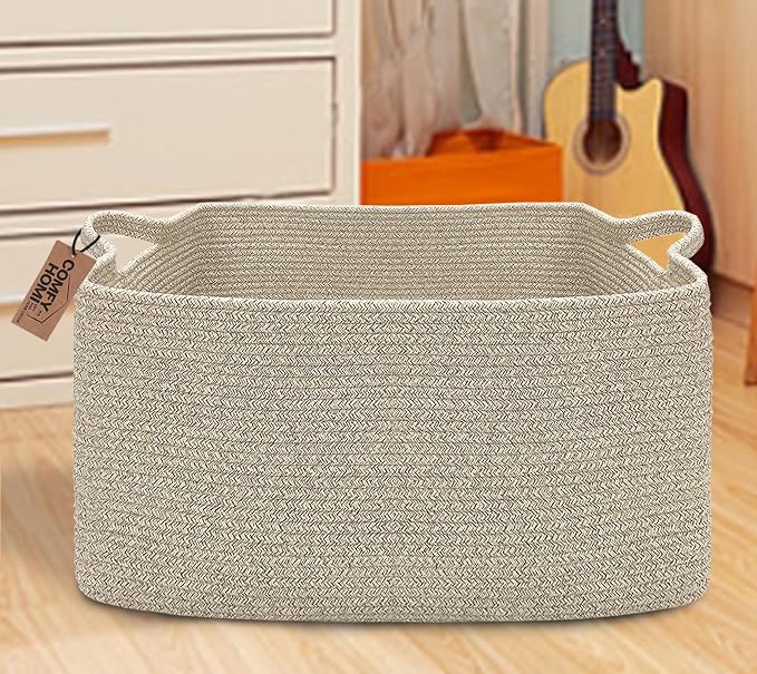 COMFY-HOMI Large Rectangular Blanket Basket, Woven Cotton Rope Baskets - Image 2