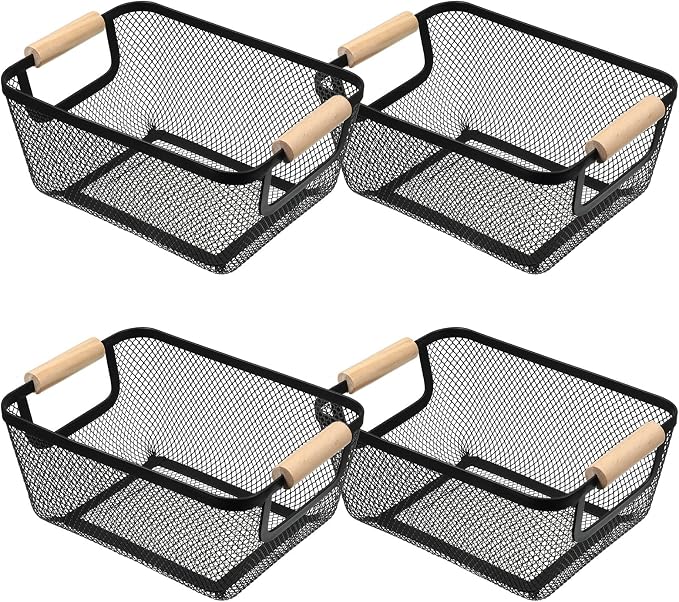 4 Pcs Metal Wire Baskets with Wooden Handles, 9.4x6.9in Wire Storage Basket by Unknown