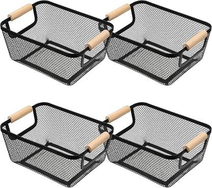 4 Pcs Metal Wire Baskets with Wooden Handles, 9.4x6.9in Wire Storage Basket by Unknown