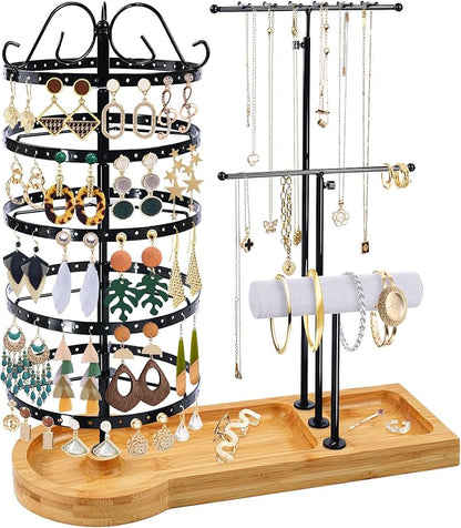 Jewelry Organizer Stand with Bamboo Base, Metal Rotating Earring Holder by SMFANLIN