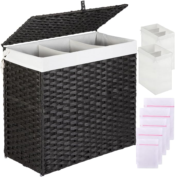 Greenstell Laundry Hamper with Lid, 125L Large Clothes Hamper with 3 Section & by Greenstell