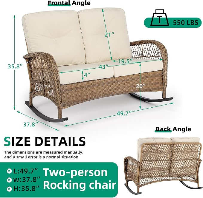 VIVIJASON Outdoor Wicker Loveseat Rocking Chair, 2-Person Patio Rattan Double - Image 7