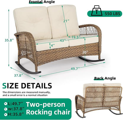 VIVIJASON Outdoor Wicker Loveseat Rocking Chair, 2-Person Patio Rattan Double - Image 7