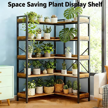 HealSmart 5 Tier L Shape Bookshelf, Industrial Wooden Bookcase - Image 3