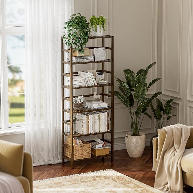 HITNET Bookcase, Bamboo Bookshelf, 6-Tier Adjustable Tall Open Book Shelf - Image 2