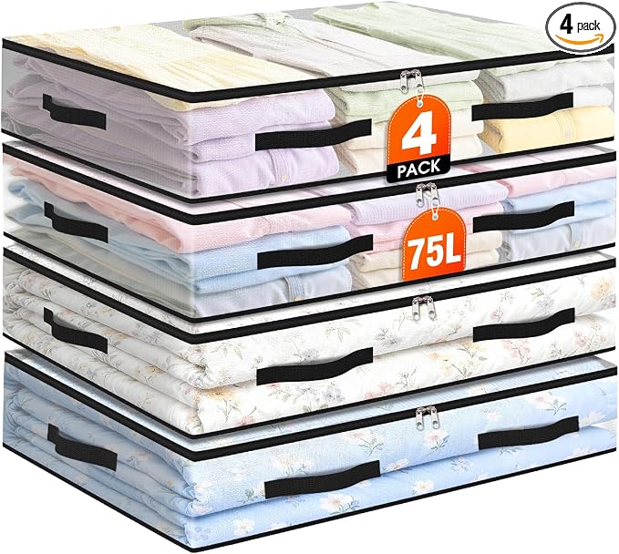 4 Pack Under Bed Storage Bags, 75L Foldable Clear Storage Containers by Unknown
