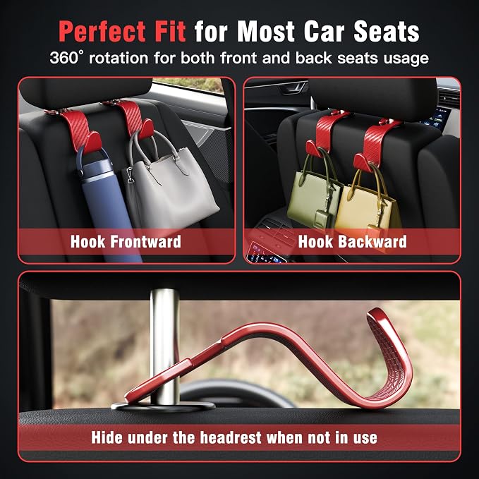 Amooca Car Seat Headrest Hook 4 Pack Hanger Universal Vehicle Car Storage - Image 3
