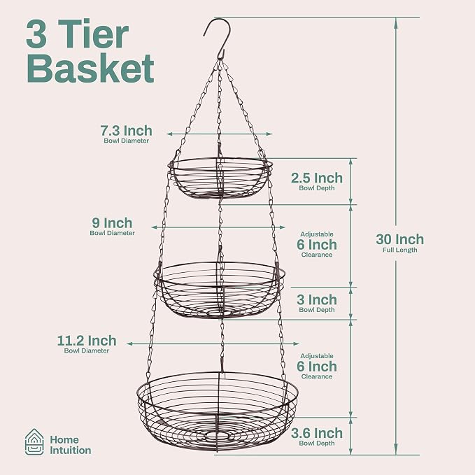 Home Intuition 3-Tier Hanging Fruit Produce Basket Heavy Duty Wire - Image 2
