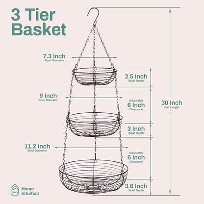 Home Intuition 3-Tier Hanging Fruit Produce Basket Heavy Duty Wire - Image 2