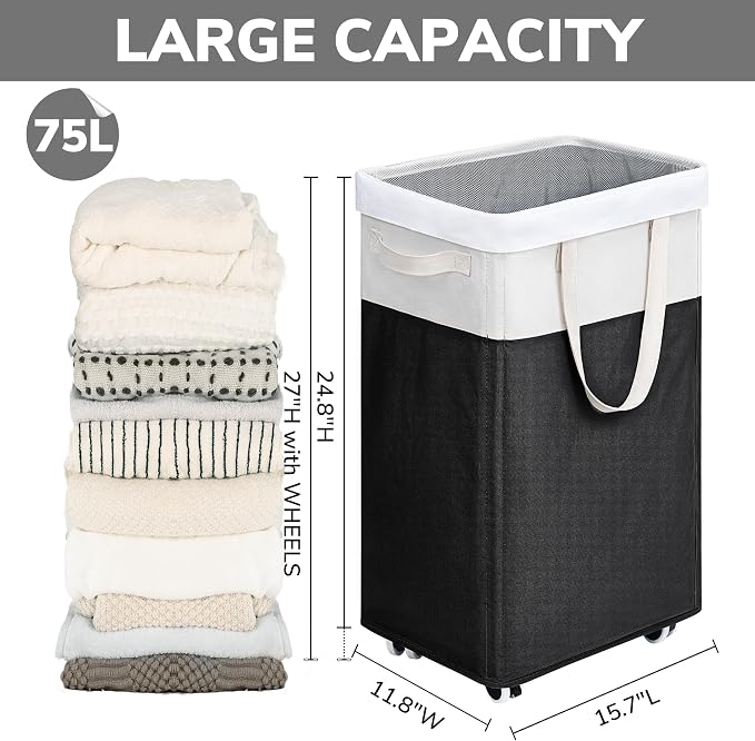Goodpick Hamper with Wheels 75L 2-Pack, Tall Laundry Basket with Removable Wash - Image 3