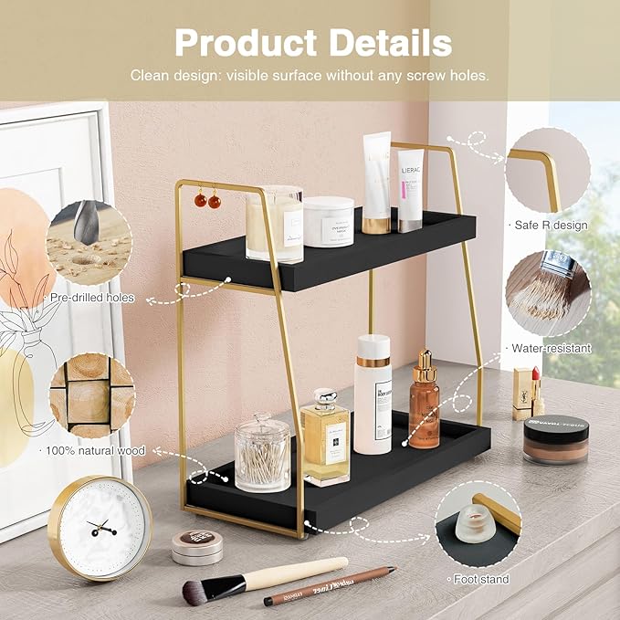 Forbena Black and Gold Bathroom Organizer Countertop, 2 Tier Counter Organizer - Image 7
