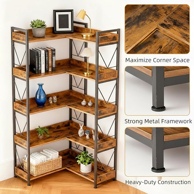 HealSmart 5 Tier L Shape Bookshelf, Industrial Wooden Bookcase - Image 5