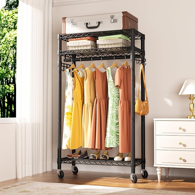 Heavy Duty Clothes Rack Rolling Garment Rack, 3 Tier Adjustable Wire Shelving - Image 9