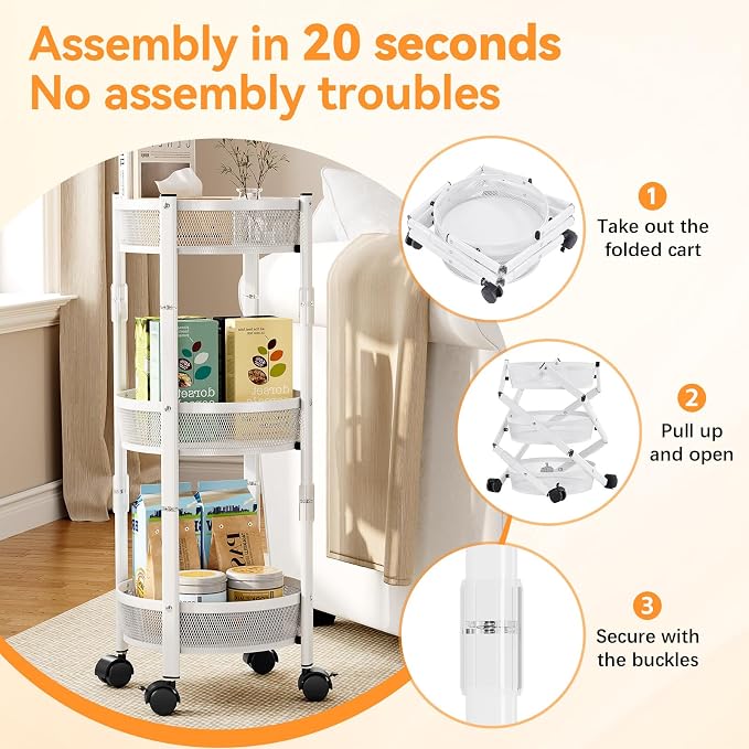 TOOLF 3 Tier Foldable Rolling Cart, Metal Utility Storage Cart, Lockable Wheels - Image 4