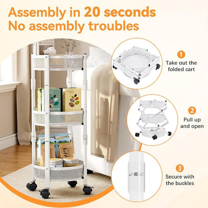 TOOLF 3 Tier Foldable Rolling Cart, Metal Utility Storage Cart, Lockable Wheels - Image 4