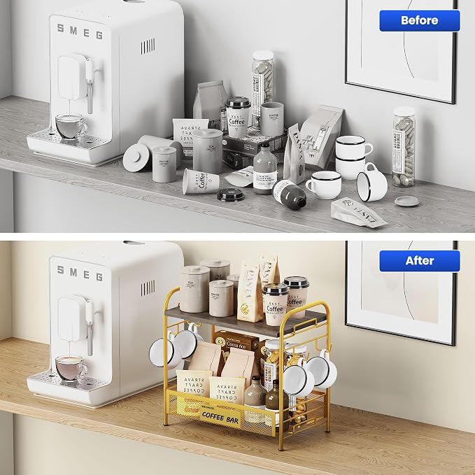 Coffee Bar Organizer for Countertop Station, Simple Assembly 2 Tier Shelf for - Image 4