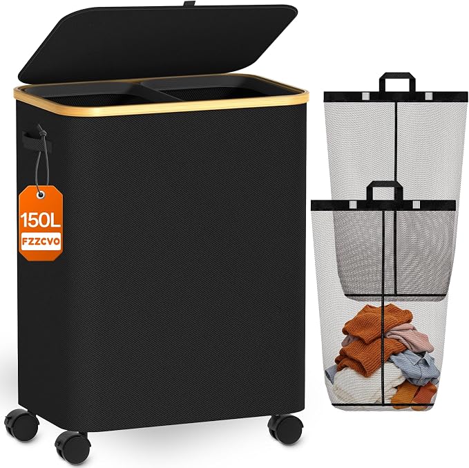 Double Laundry Hamper with Lid and Wheels, 150L Large Laundry Basket with 2 by Fzzcvo