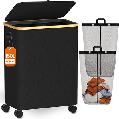 Double Laundry Hamper with Lid and Wheels, 150L Large Laundry Basket with 2 by Fzzcvo