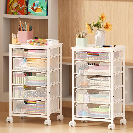 Sbanmao Utility Cart with 5 Drawers, Rolling Storage Cart with Wooden Tabletop by shengbaomaoyi