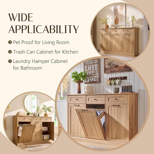 Triple Tilt Out Trash Can Cabinet, 20 Gallon Farmhouse Laundry Hamper Cabinet - Image 4