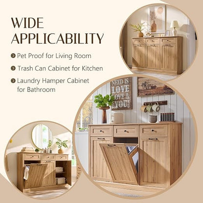 Triple Tilt Out Trash Can Cabinet, 20 Gallon Farmhouse Laundry Hamper Cabinet - Image 4