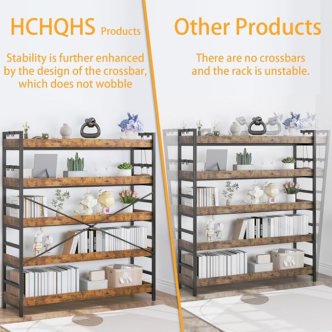 HCHQHS 5 Tier Bookshelf, Adjustable Industrial Bookcase, Vertical Tall Book - Image 6