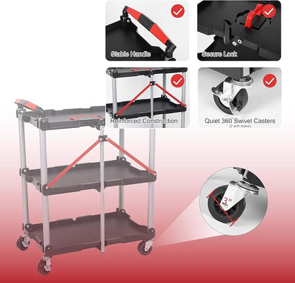 【Foldable Utility Cart with 3 Shelves】 Heavy Duty Plastic Rolling Cart - Image 5