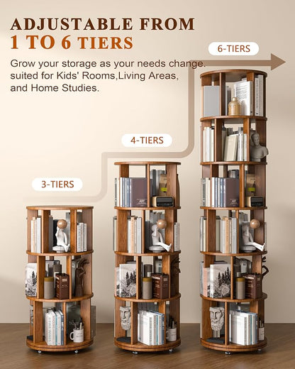 6 Tier Solid Wood Rotating Bookshelf on Wheels, 360° Spinning Book Shelf Tower - Image 4