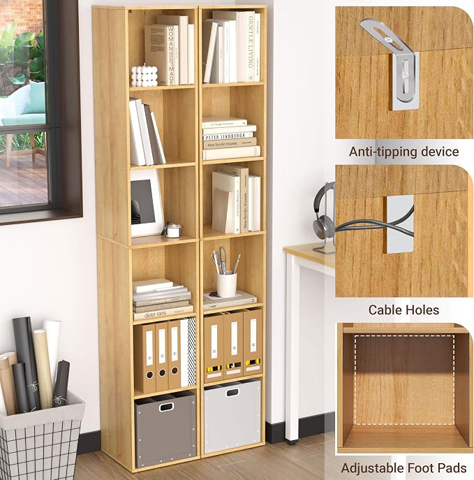 Cube Shelf Organizer, 6 Cube Oak Open Shelf, Freestanding 6-Tier Low Bookcase - Image 6