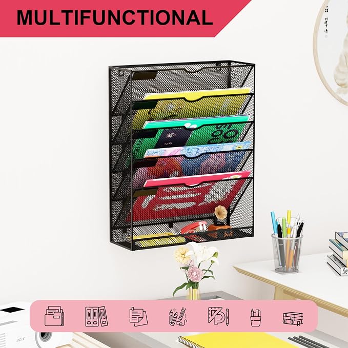 Hanging Wall File Organizer 6 Tier Wall Mounted Mail Paper Folder Holder - Image 6